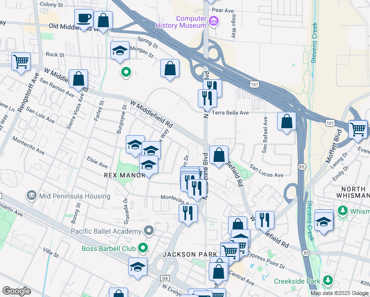map of restaurants, bars, coffee shops, grocery stores, and more near 931 Ormonde Drive in Mountain View