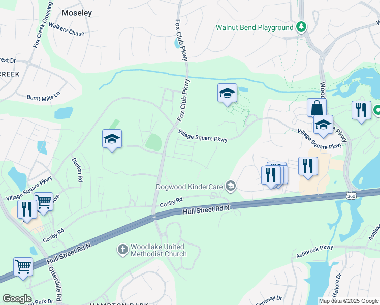map of restaurants, bars, coffee shops, grocery stores, and more near 15300 Cosby Road in Chesterfield