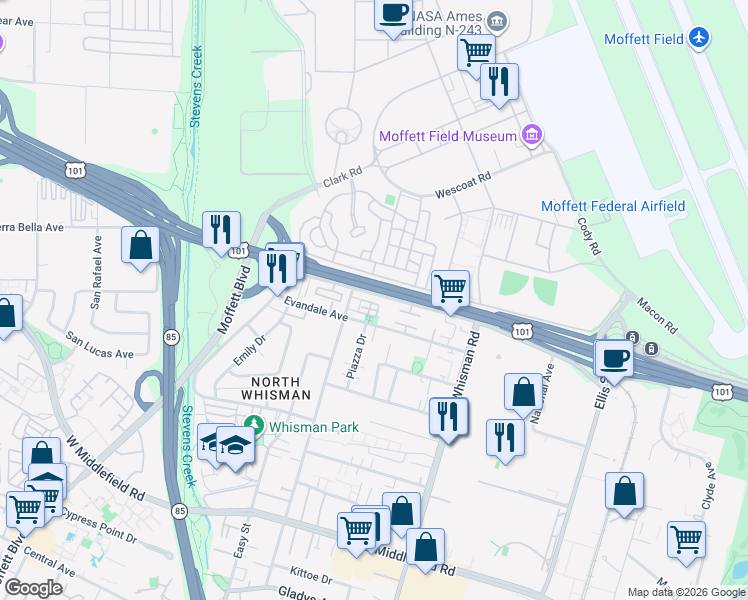 map of restaurants, bars, coffee shops, grocery stores, and more near 125 Fairchild Drive in Mountain View