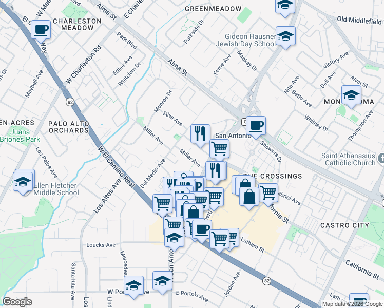 map of restaurants, bars, coffee shops, grocery stores, and more near 2645 California Street in Mountain View