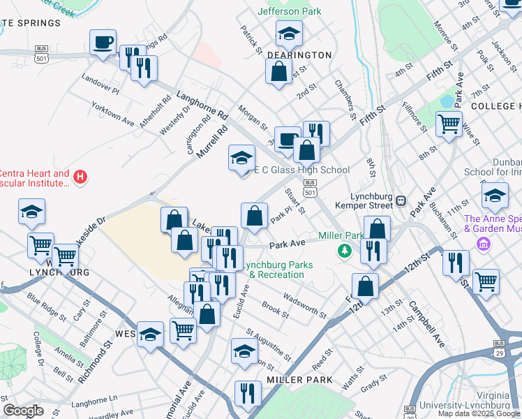 map of restaurants, bars, coffee shops, grocery stores, and more near 2230 Memorial Avenue in Lynchburg