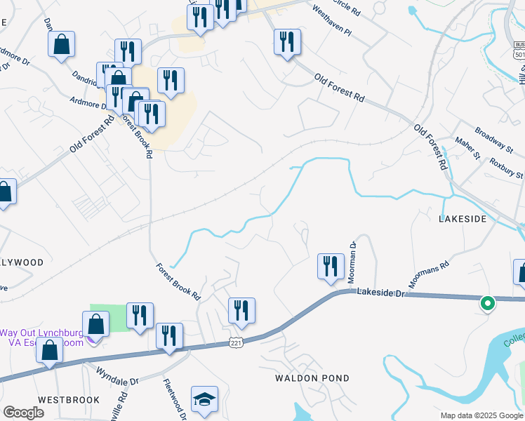 map of restaurants, bars, coffee shops, grocery stores, and more near 103 Brenleigh Court in Lynchburg