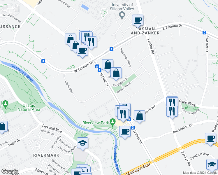 map of restaurants, bars, coffee shops, grocery stores, and more near North 1st Street & Rio Robles East in San Jose