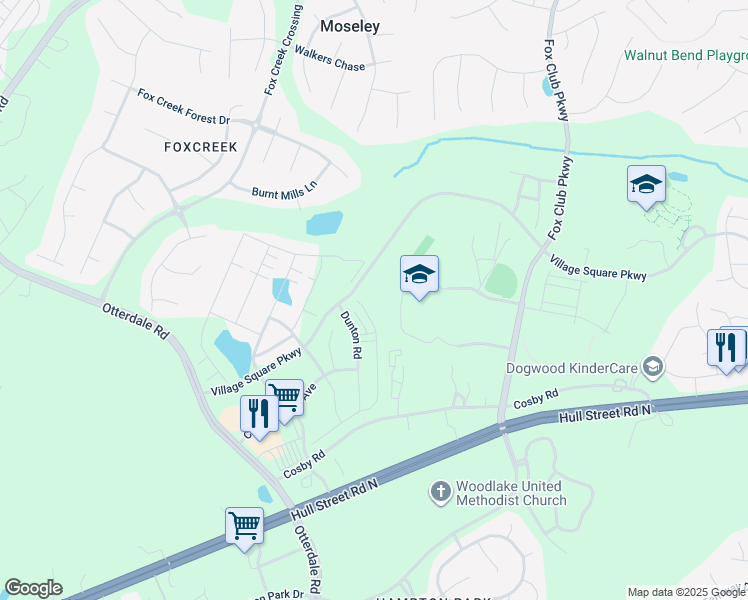 map of restaurants, bars, coffee shops, grocery stores, and more near 6853 Leire Lane in Chesterfield