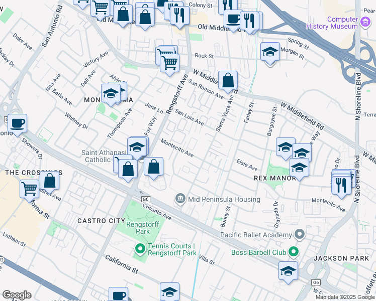 map of restaurants, bars, coffee shops, grocery stores, and more near 1956 Montecito Avenue in Mountain View