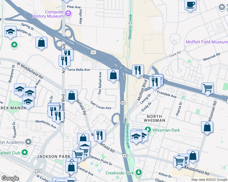 map of restaurants, bars, coffee shops, grocery stores, and more near 751 San Pablo Drive in Mountain View