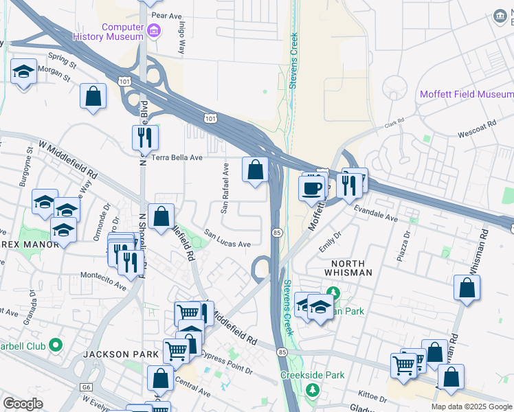 map of restaurants, bars, coffee shops, grocery stores, and more near 751 San Pablo Drive in Mountain View