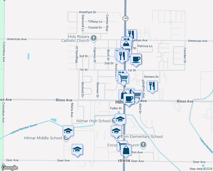map of restaurants, bars, coffee shops, grocery stores, and more near 8083 Robert Street in Hilmar