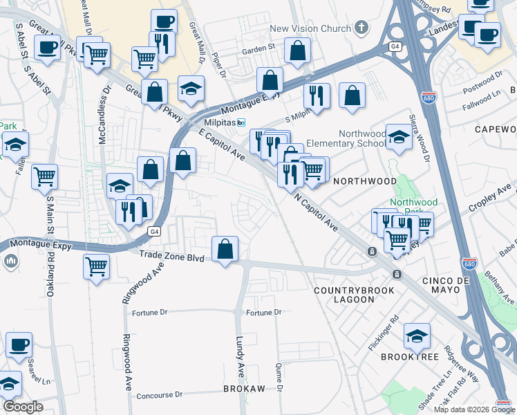 map of restaurants, bars, coffee shops, grocery stores, and more near 2032 Terracotta Court in Milpitas