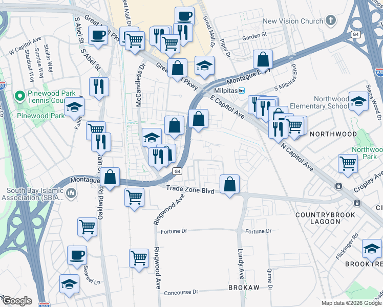 map of restaurants, bars, coffee shops, grocery stores, and more near 318 Expedition Lane in Milpitas