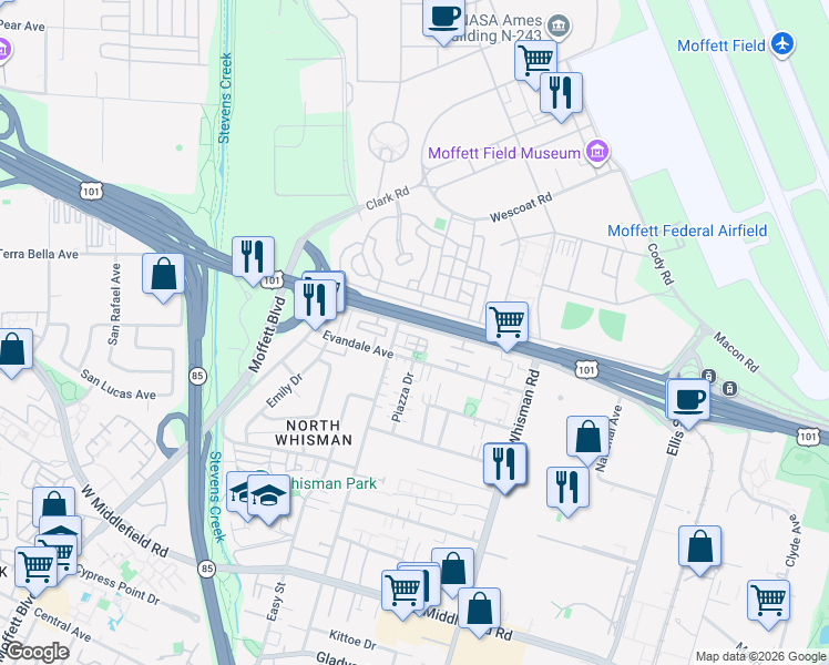 map of restaurants, bars, coffee shops, grocery stores, and more near 133 Sonoma Trail in Mountain View