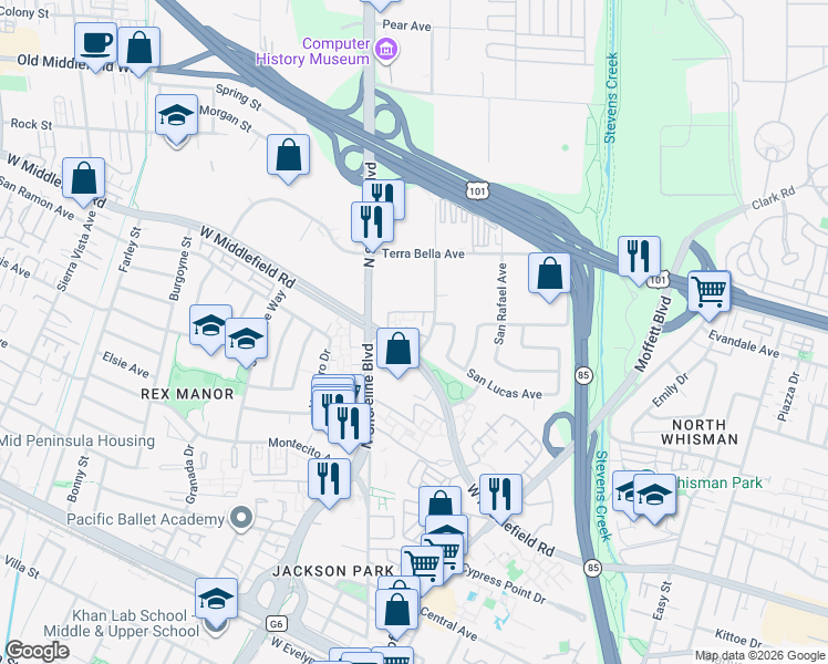 map of restaurants, bars, coffee shops, grocery stores, and more near 871 Linda Vista Avenue in Mountain View