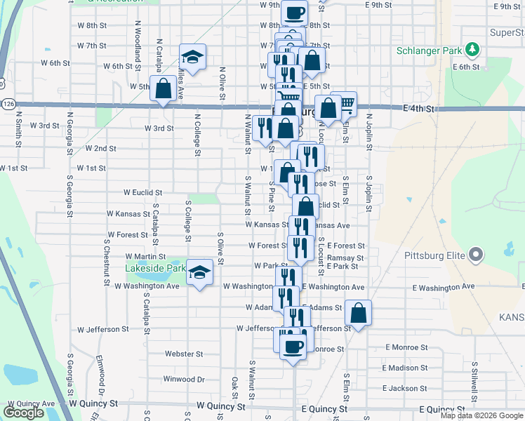 map of restaurants, bars, coffee shops, grocery stores, and more near 206 West Kansas Street in Pittsburg
