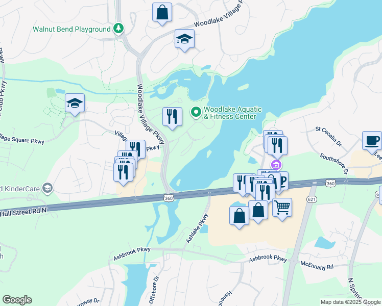 map of restaurants, bars, coffee shops, grocery stores, and more near 400 Water Pointe Lane in Midlothian