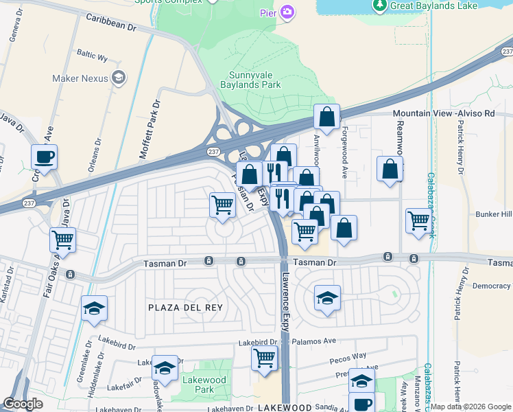 map of restaurants, bars, coffee shops, grocery stores, and more near 41 East 4th Street in Sunnyvale