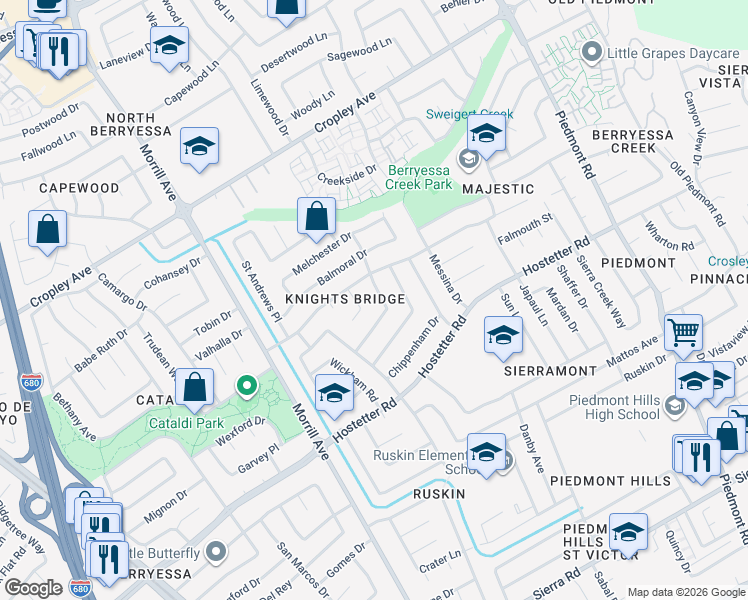 map of restaurants, bars, coffee shops, grocery stores, and more near 1744 Castlegate Drive in San Jose