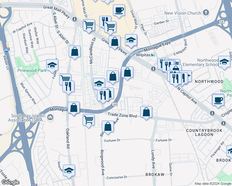 map of restaurants, bars, coffee shops, grocery stores, and more near 1820 Houret Court in Milpitas