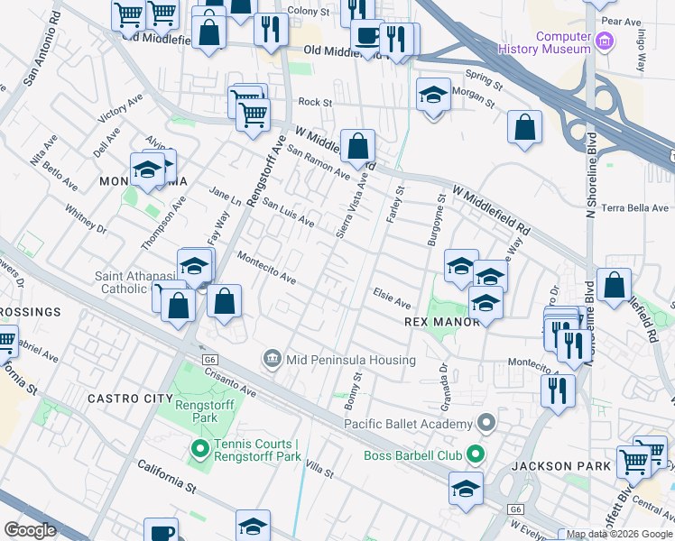 map of restaurants, bars, coffee shops, grocery stores, and more near 24 Forest Glen Street in Mountain View
