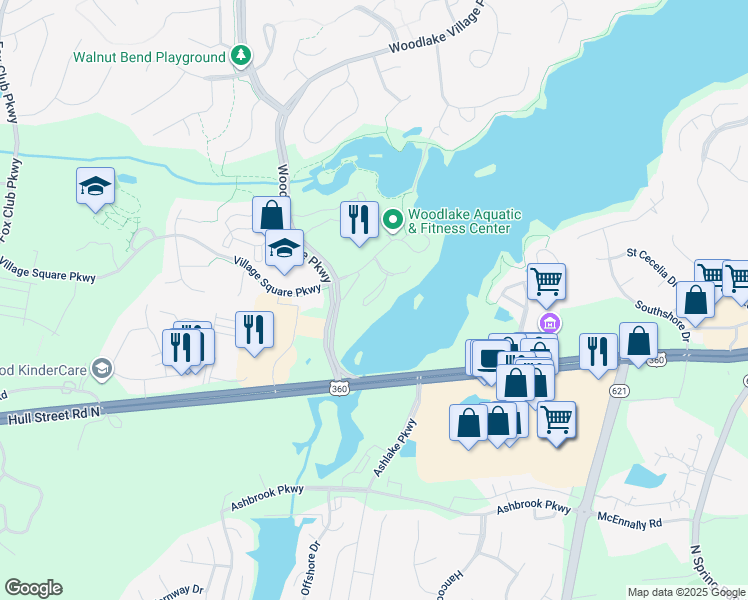 map of restaurants, bars, coffee shops, grocery stores, and more near 438 Water Pointe Lane in Midlothian