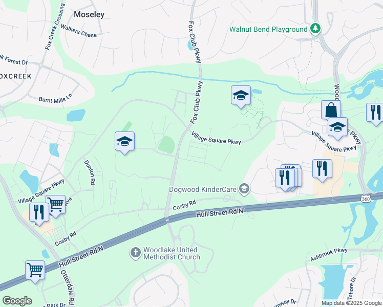 map of restaurants, bars, coffee shops, grocery stores, and more near 15300 Cosby Road in Chesterfield