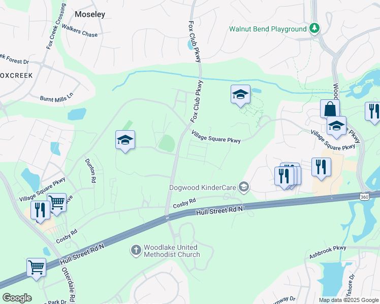 map of restaurants, bars, coffee shops, grocery stores, and more near 15300 Cosby Road in Chesterfield
