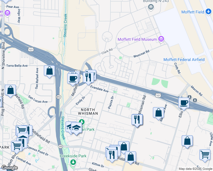 map of restaurants, bars, coffee shops, grocery stores, and more near 651 Cinnamon Circle in Mountain View