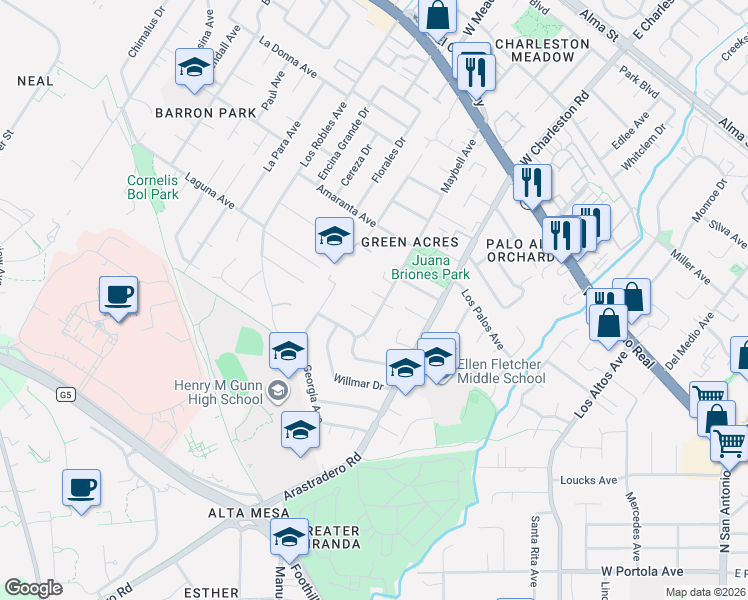 map of restaurants, bars, coffee shops, grocery stores, and more near 4190 Maybell Way in Palo Alto