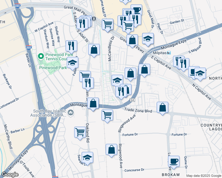 map of restaurants, bars, coffee shops, grocery stores, and more near 1775 McCandless Drive in Milpitas