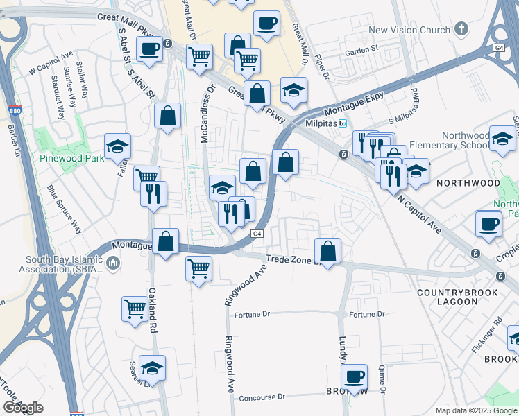 map of restaurants, bars, coffee shops, grocery stores, and more near 1820 Houret Court in Milpitas