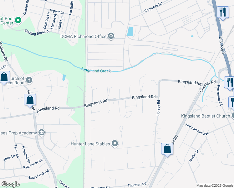 map of restaurants, bars, coffee shops, grocery stores, and more near 3430 Kingsland Road in Richmond