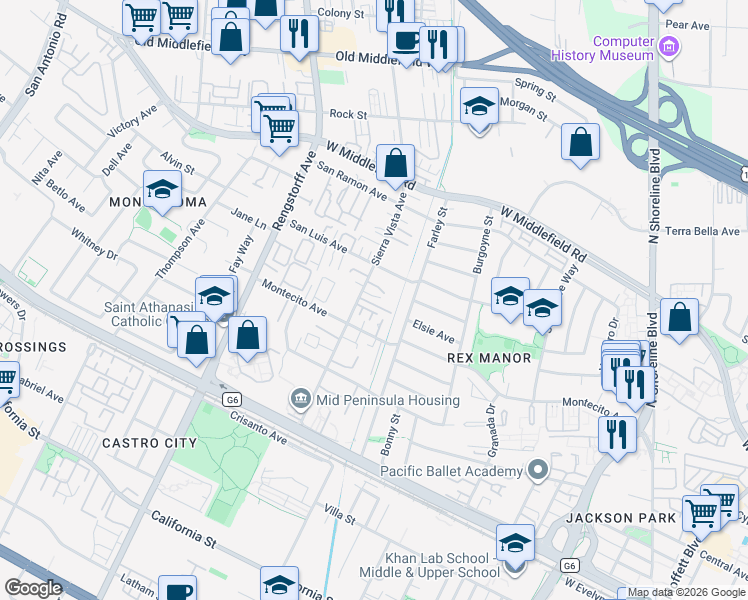 map of restaurants, bars, coffee shops, grocery stores, and more near 24 Forest Glen Street in Mountain View