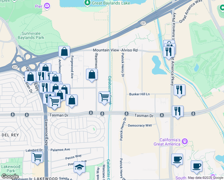 map of restaurants, bars, coffee shops, grocery stores, and more near Calabazas Creek Trail in Santa Clara