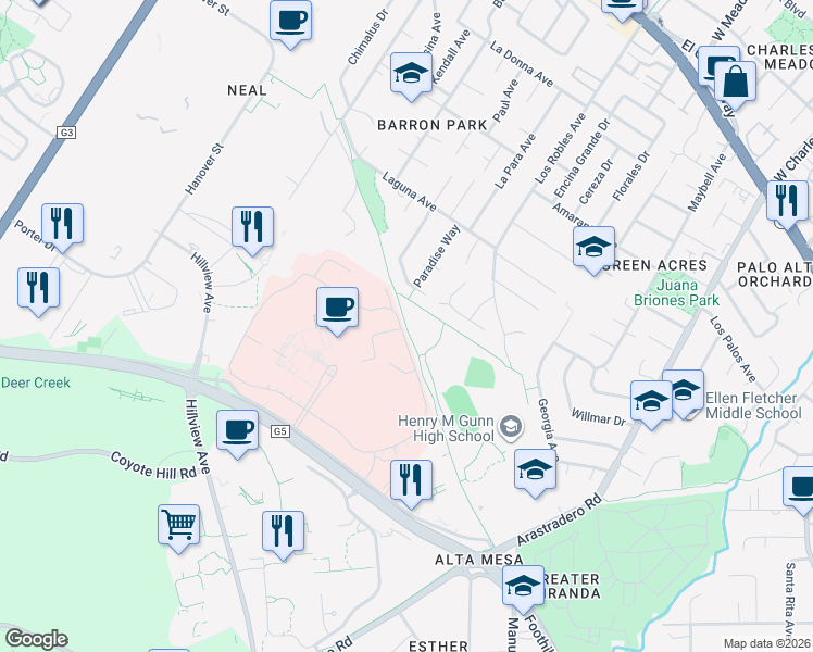 map of restaurants, bars, coffee shops, grocery stores, and more near Bol Park Bike Path in Palo Alto