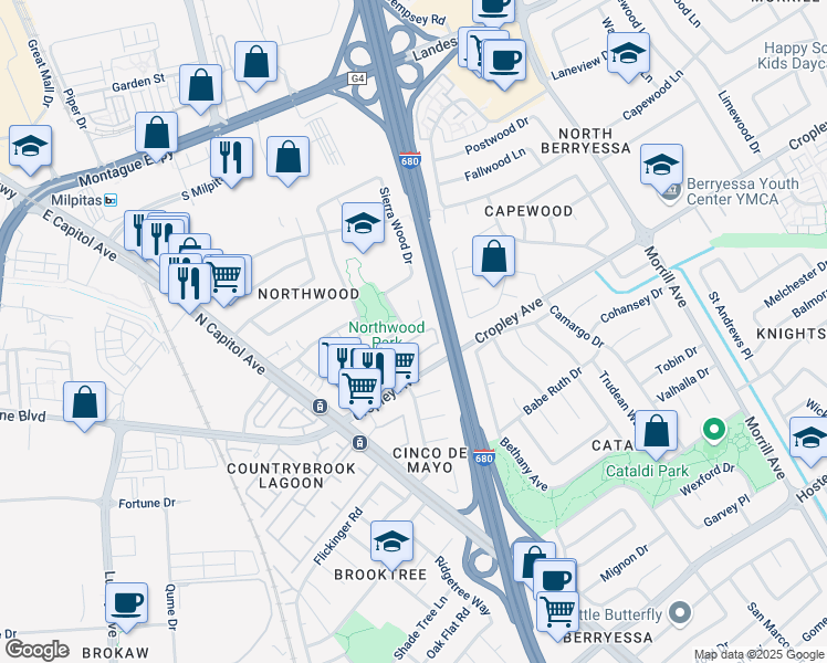 map of restaurants, bars, coffee shops, grocery stores, and more near 1902 Lakewood Drive in San Jose