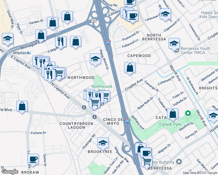 map of restaurants, bars, coffee shops, grocery stores, and more near 1902 Lakewood Drive in San Jose