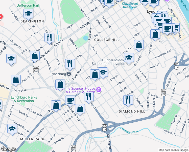 map of restaurants, bars, coffee shops, grocery stores, and more near 1205 Fillmore Street in Lynchburg