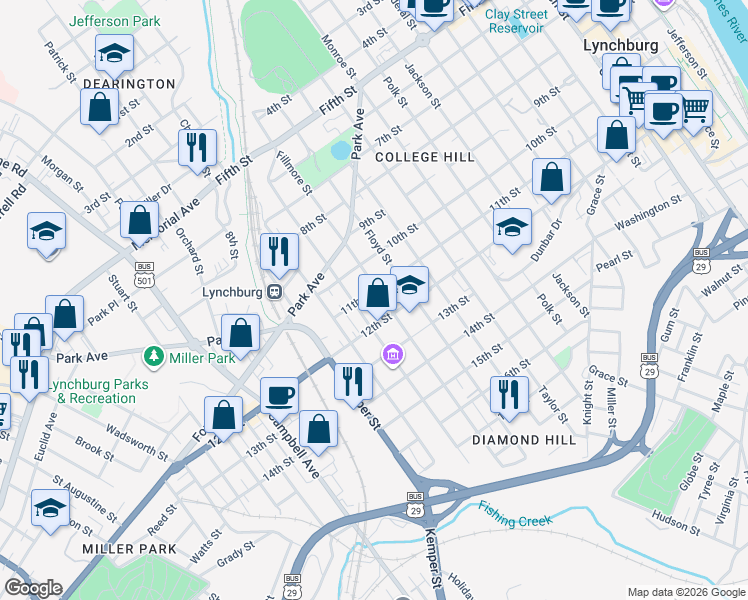 map of restaurants, bars, coffee shops, grocery stores, and more near 1113 Pierce Street in Lynchburg
