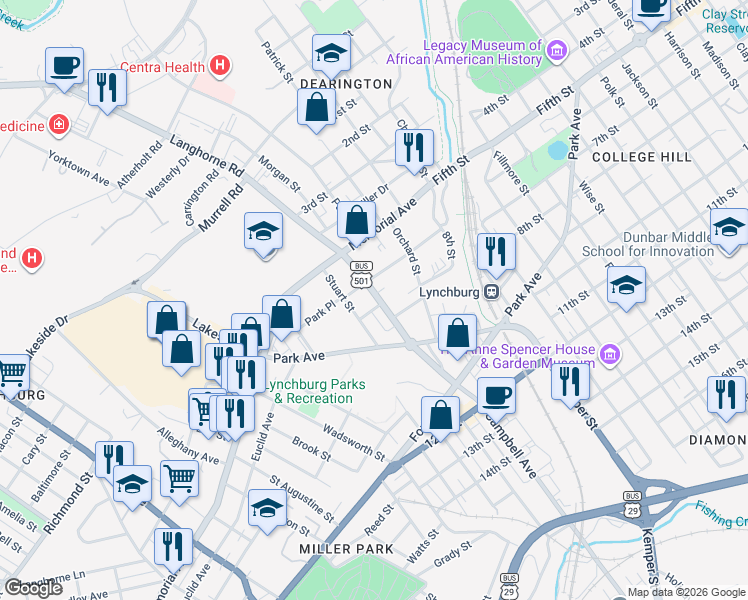 map of restaurants, bars, coffee shops, grocery stores, and more near 800 Stuart Street in Lynchburg