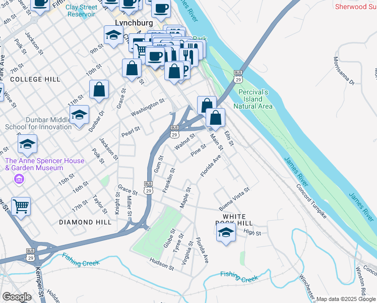 map of restaurants, bars, coffee shops, grocery stores, and more near 1717 Liberty Street in Lynchburg