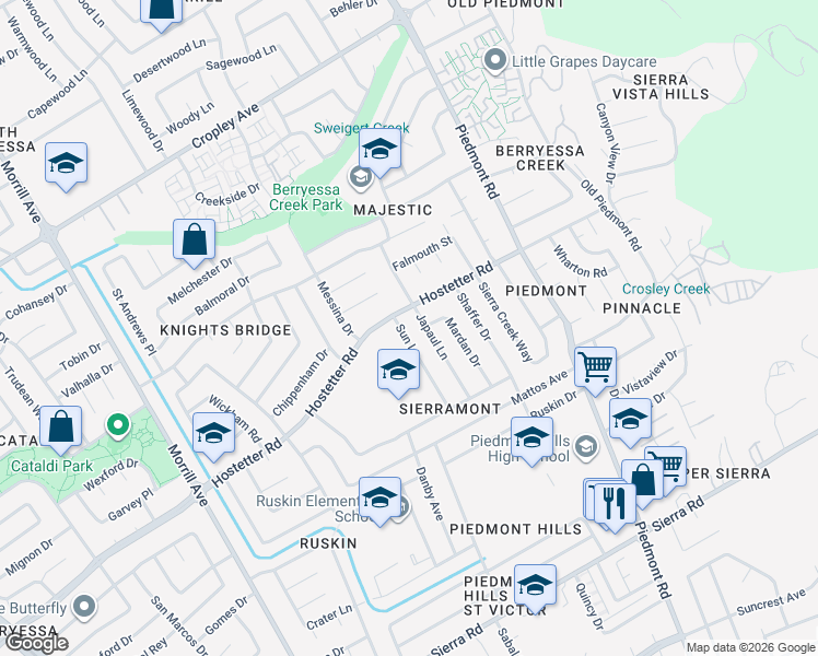 map of restaurants, bars, coffee shops, grocery stores, and more near 1552 Sun Lane in San Jose