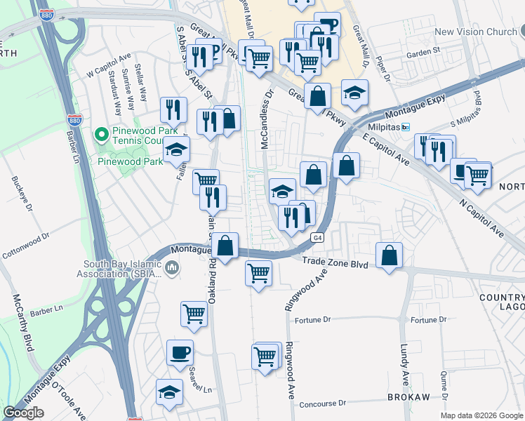 map of restaurants, bars, coffee shops, grocery stores, and more near 1831 McCandless Drive in Milpitas