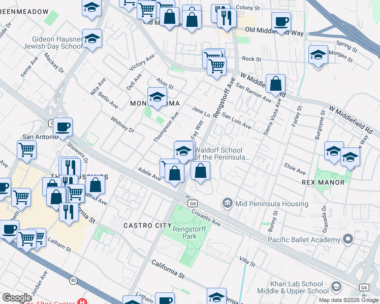 map of restaurants, bars, coffee shops, grocery stores, and more near 160 North Rengstorff Avenue in Mountain View