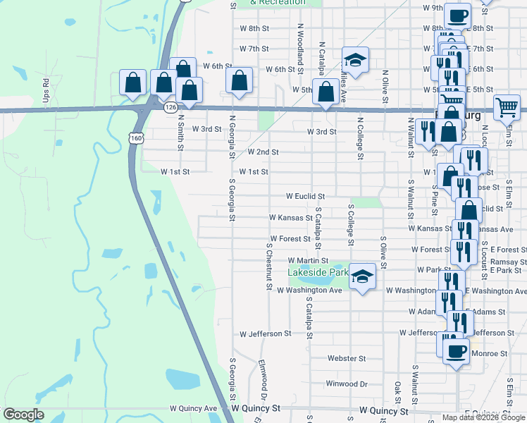 map of restaurants, bars, coffee shops, grocery stores, and more near 711 West Kansas Street in Pittsburg