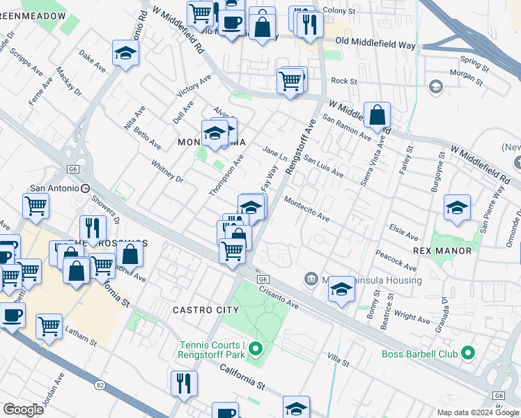map of restaurants, bars, coffee shops, grocery stores, and more near 257 Fay Way in Mountain View