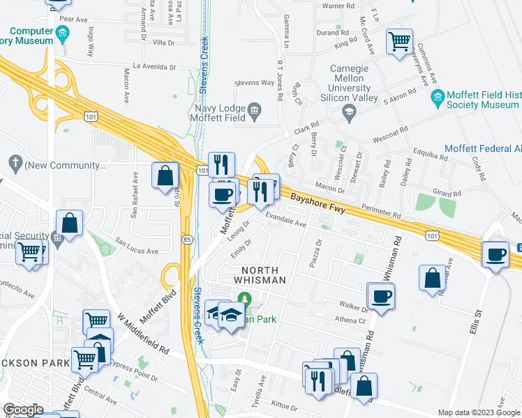 map of restaurants, bars, coffee shops, grocery stores, and more near Evandale Ave & Leong Dr in Mountain View