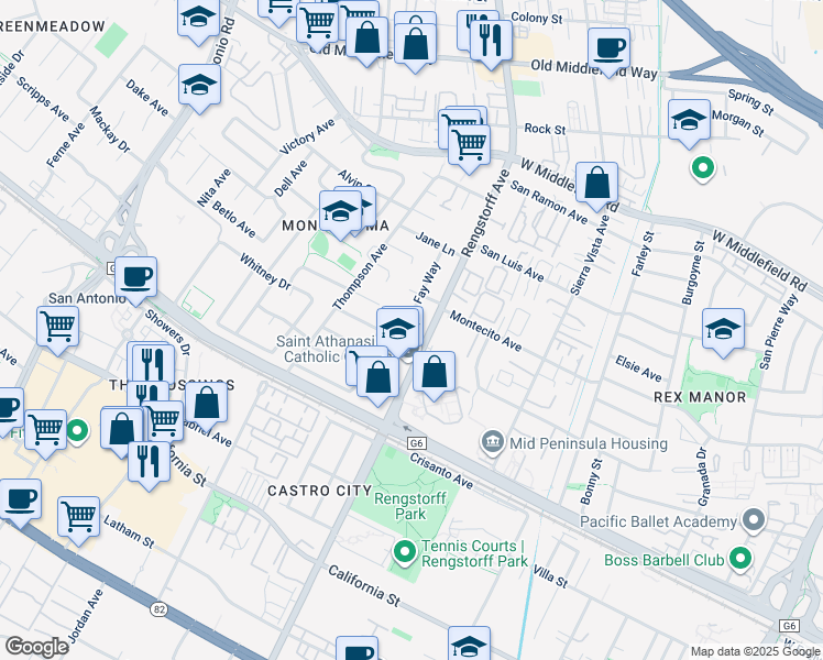 map of restaurants, bars, coffee shops, grocery stores, and more near 257 Fay Way in Mountain View