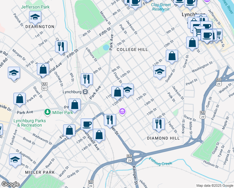 map of restaurants, bars, coffee shops, grocery stores, and more near 1205 Fillmore Street in Lynchburg