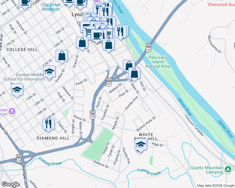 map of restaurants, bars, coffee shops, grocery stores, and more near 1717 Liberty Street in Lynchburg