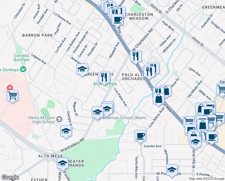 map of restaurants, bars, coffee shops, grocery stores, and more near 632 Fairmede Avenue in Palo Alto