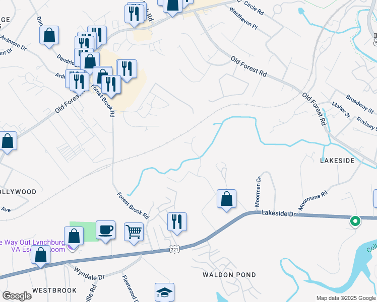 map of restaurants, bars, coffee shops, grocery stores, and more near 107 Brenleigh Court in Lynchburg
